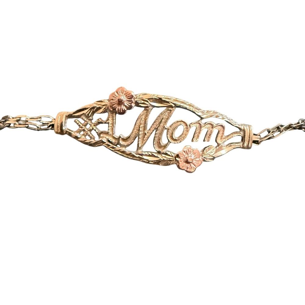Vintage 10K Yellow Gold Mom Bracelet with Rose Gold Flowers 7 Inch